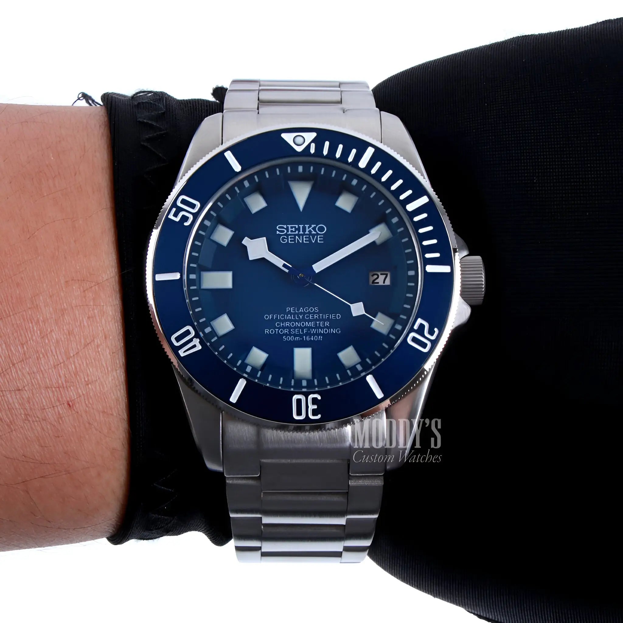 Tudeiko Pelagos Blue Seiko mod watch with NH35 automatic blue dial