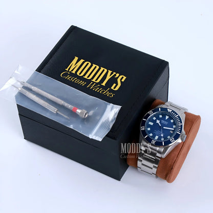 Pelagos Blue Seiko mod watch with blue dial, brown leather strap