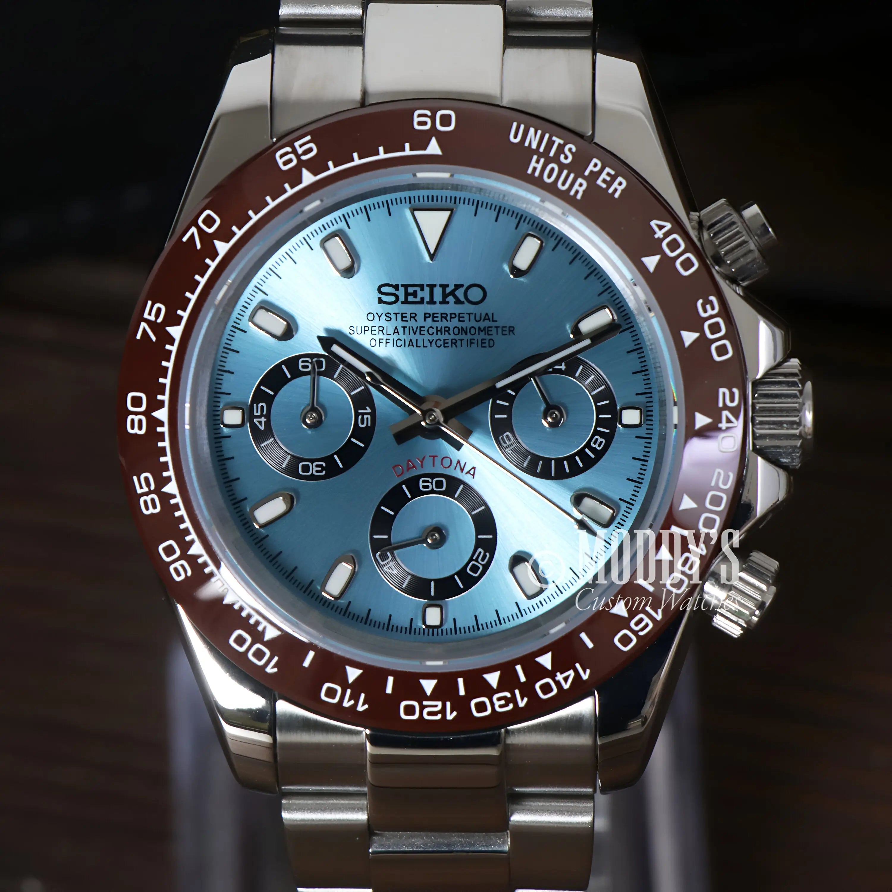 Seiko VK63 hybrid mod Daytona watch with blue dial, brown bezel, stainless steel case