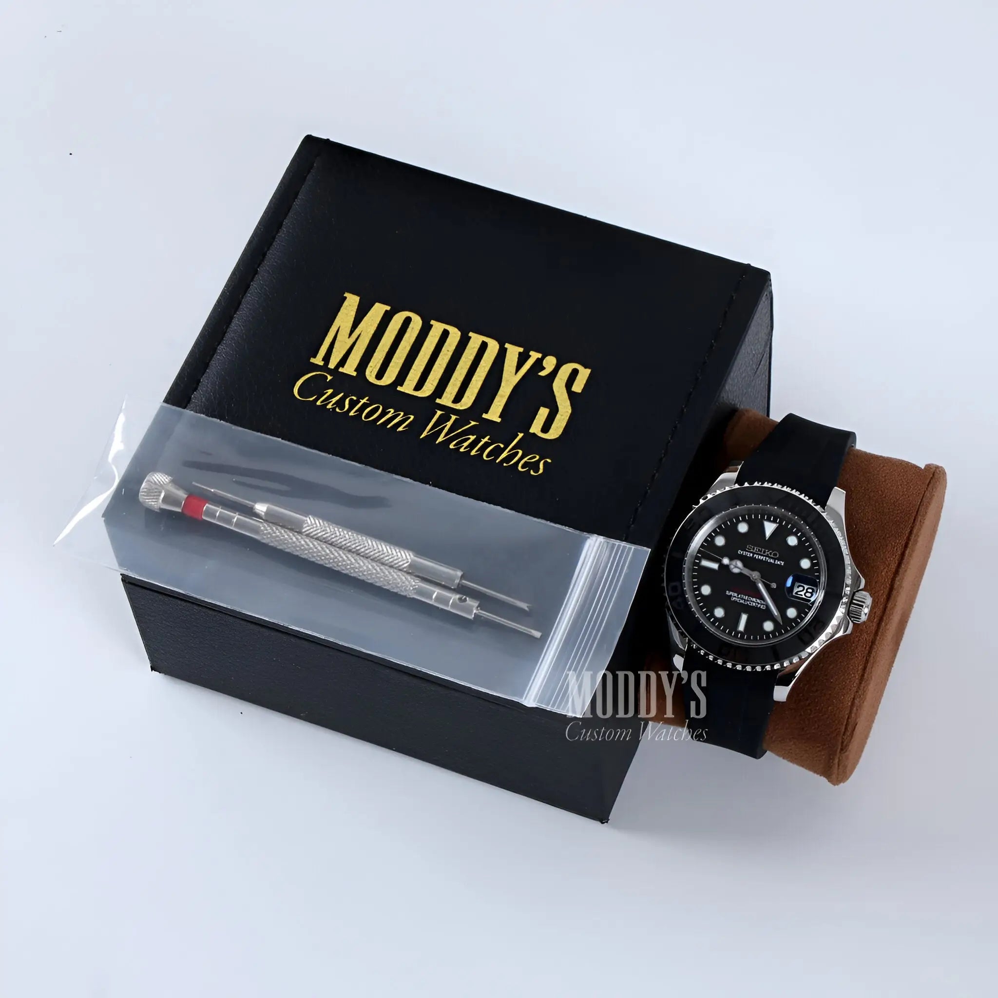 Seiko NH35 automatic black leather strap watch with silver accents and blue dial