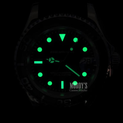 Seiko NH35 automatic luminous green watch with black face and rubber strap