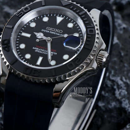 Black Seiko NH35 automatic watch with silver accents and luminous hands