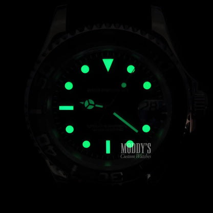 Luminous green Seiko NH35 automatic watch with black face and strap