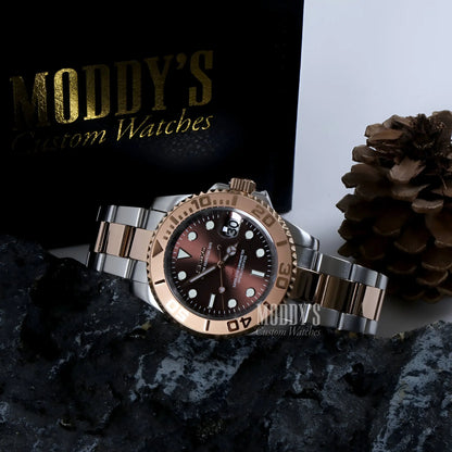 Seiko NH35 automatic rose gold and 316L stainless steel watch with brown dial