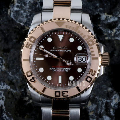 Seiko NH35 automatic rose gold watch with brown dial and 316L stainless steel