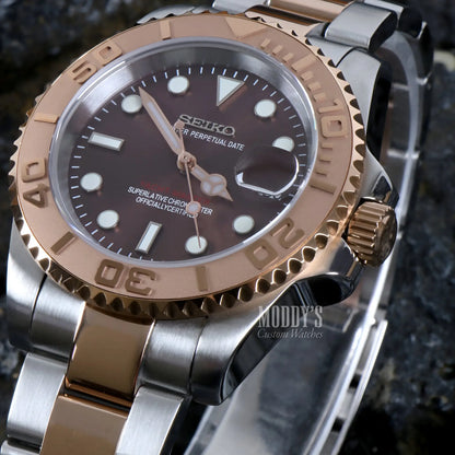 Seiko NH35 automatic two-tone watch with brown dial and gold accents