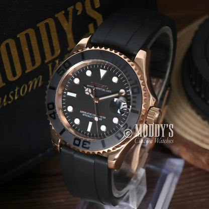Seikomariner rose gold black diver watch with rubber strap and Seiko NH35 automatic movement