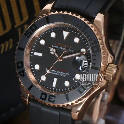 Rose gold and black Seiko mod Yacht-Master diver watch with rubber strap, water resistance, Seiko NH35 automatic movement