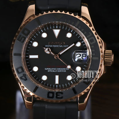 Seiko mod yacht-master rose gold black diver watch with date, rubber strap