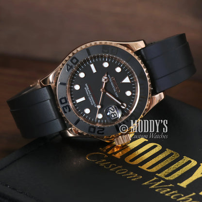 Seikomariner rose gold black diver watch with rubber strap and Seiko NH35 automatic movement