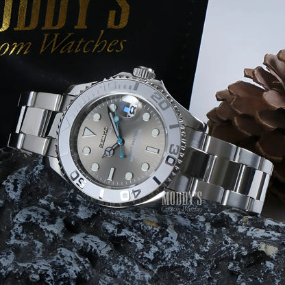 Silver Seiko NH35 automatic diver watch with gray dial and luminous hands