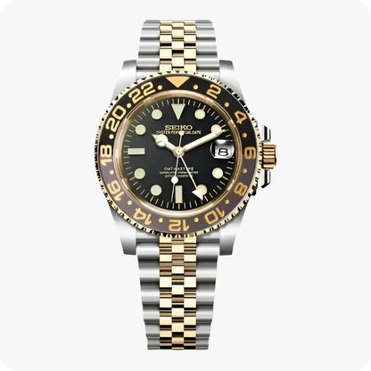 Gold Seiko mod GMT watch with NH34 automatic movement and black dial