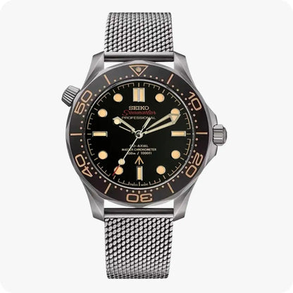 Seiko NH35 automatic mod Seamaster with black dial and mesh bracelet