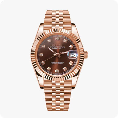 Seiko NH35 automatic mod Datejust rose gold watch with brown dial