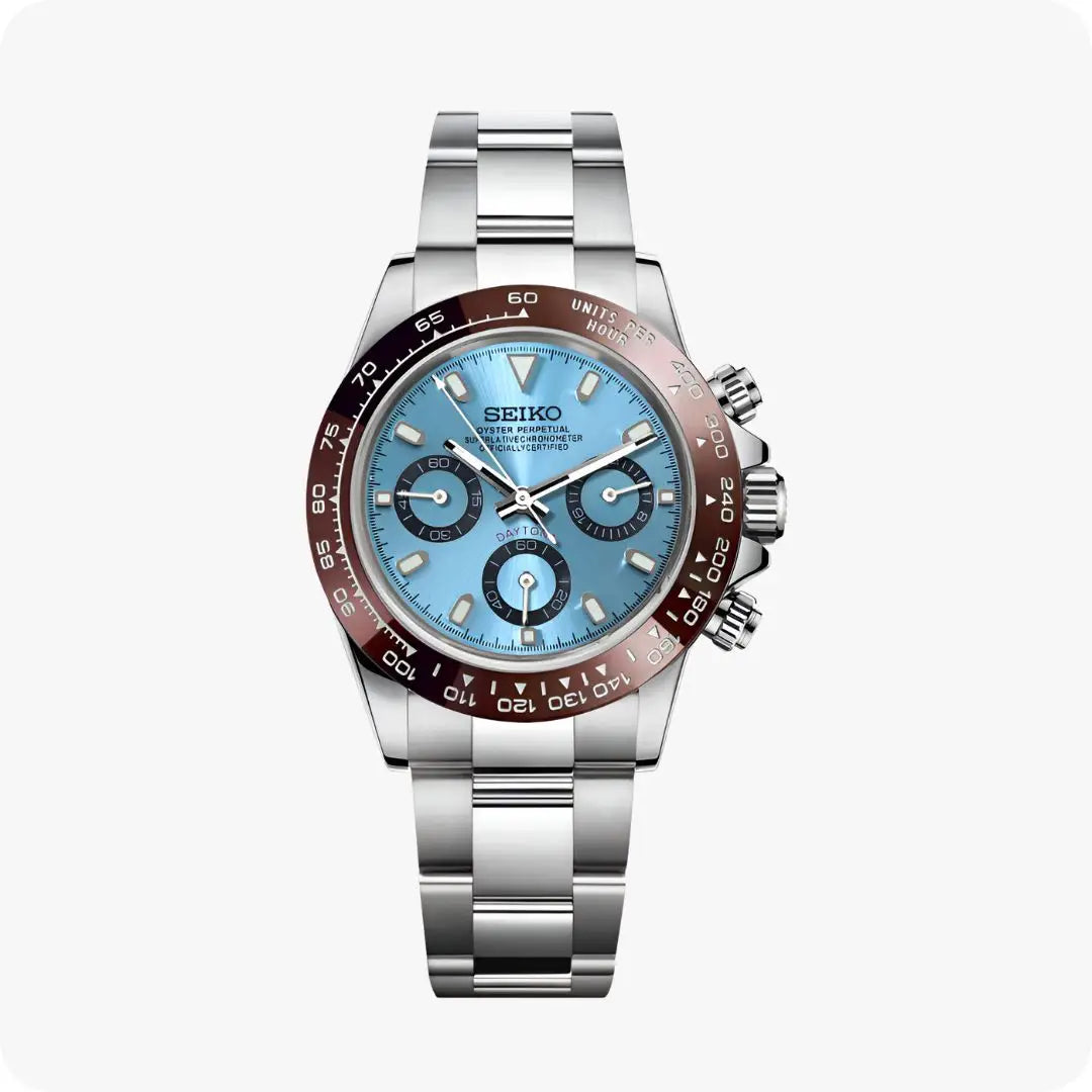 Seiko VK63 hybrid mod Daytona with stainless steel bracelet, blue dial, water resistance