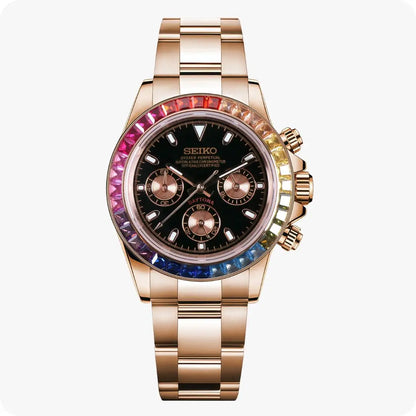 Seiko VK63 hybrid mod Daytona rose gold chronograph with rainbow bezel