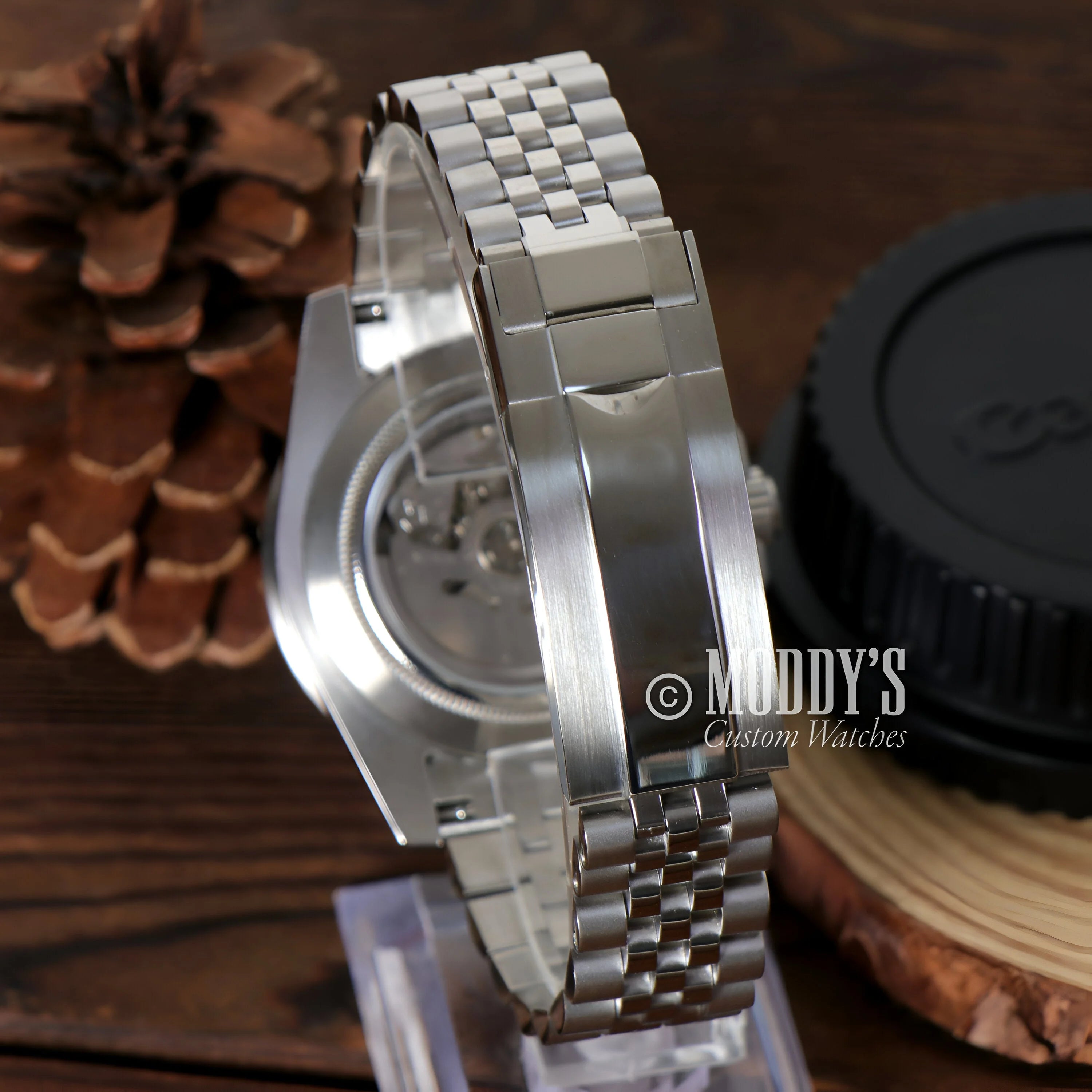 Silver stainless steel watch bracelet with Jubilee-style link pattern for GMTeiko Bruce Wayne