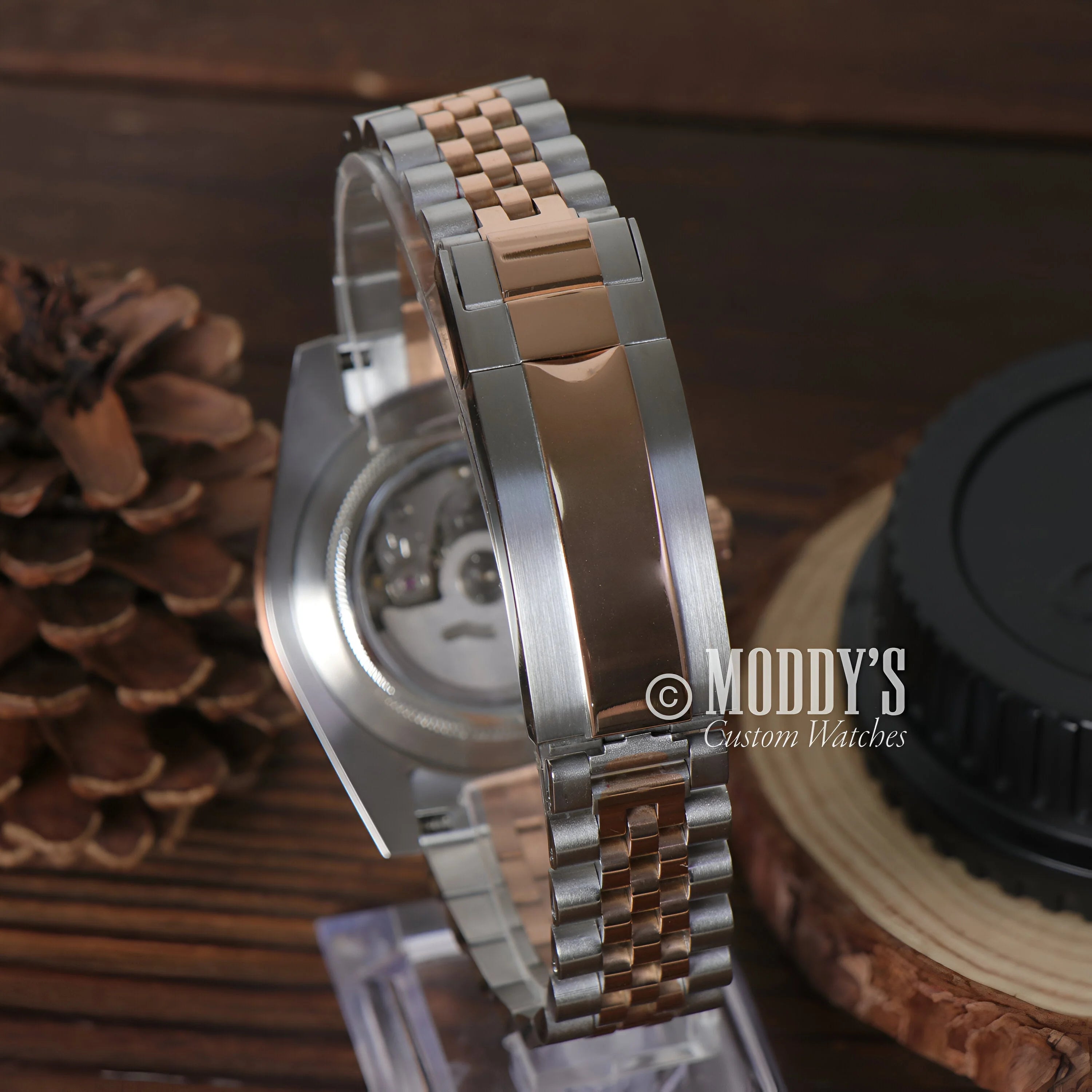 Two-tone metal watch bracelet in silver and rose gold for Seiko Mod GMT Rootbeer