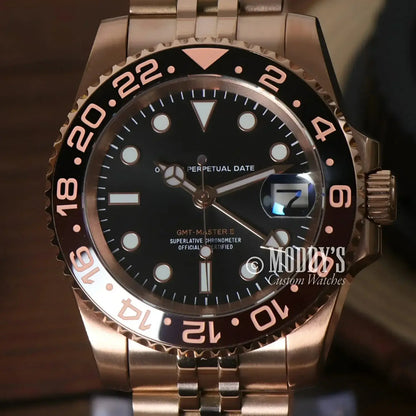 Rose Gold GMT-Master II wristwatch GMTeiko featuring Seiko NH34 automatic movement