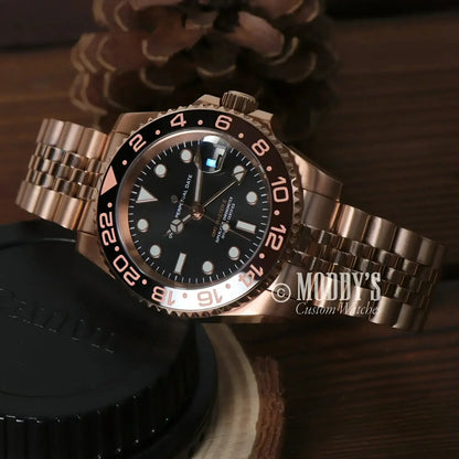 Rose gold wristwatch GMTeiko featuring Seiko NH34 automatic and elegant rose gold rootbeer design
