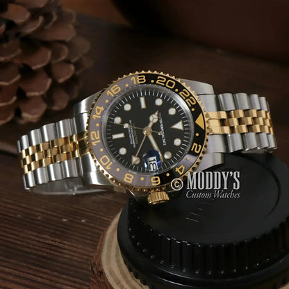 Two-tone wristwatch with black dial, GMTeiko Silver Gold, featuring NH34 automatic movement