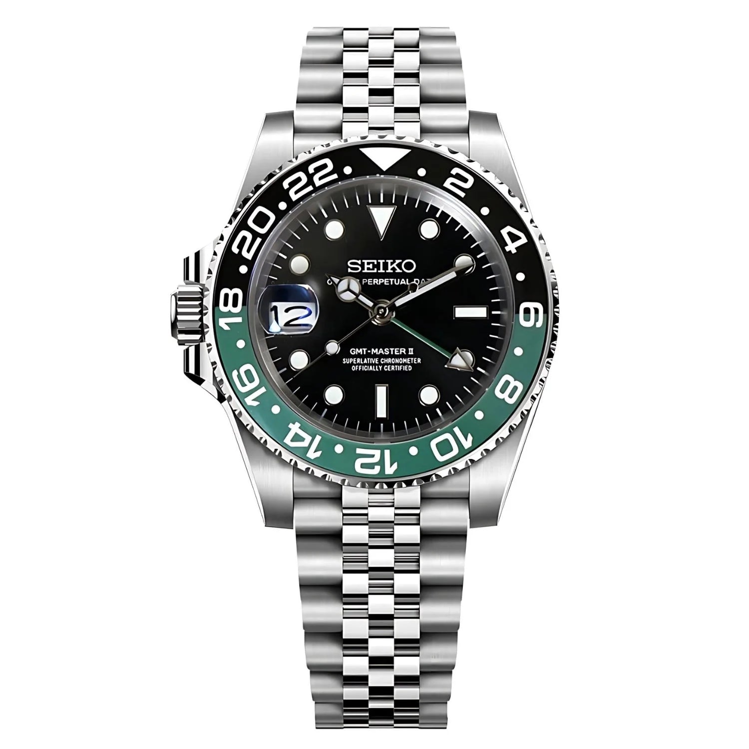 Seiko Mod GMT Sprite with black and green bezel and stainless steel bracelet