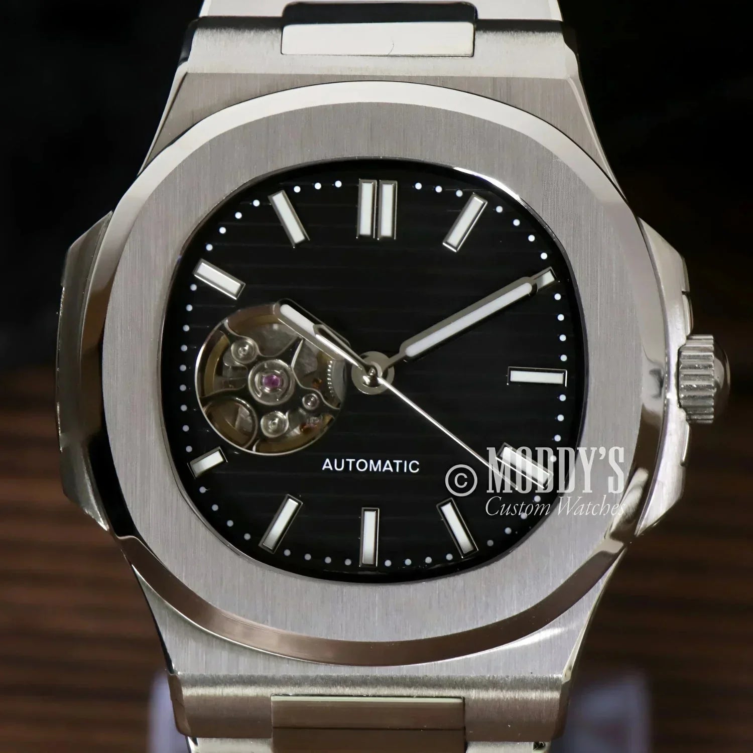 Silver-toned Nautiko Black Open Movement wristwatch with NH38 automatic movement