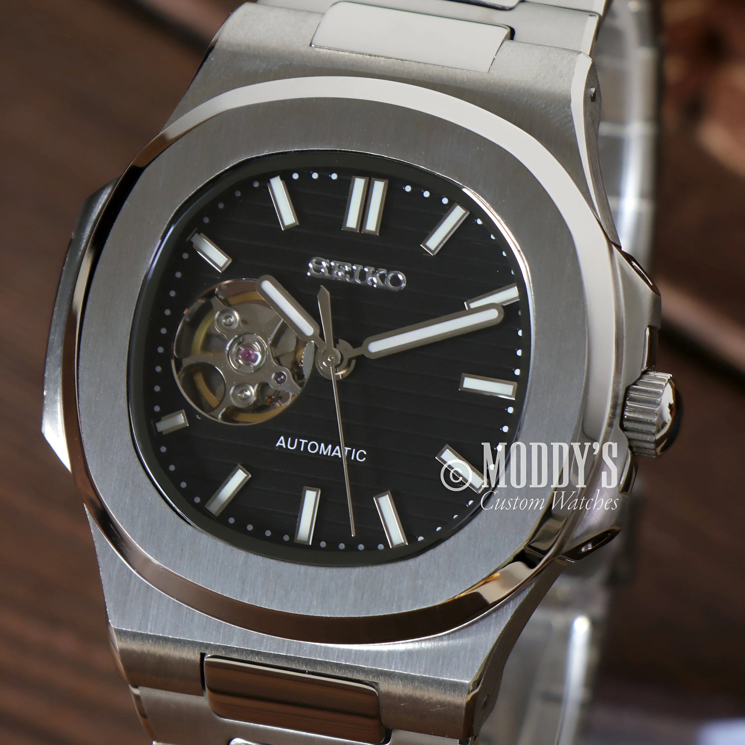 Nautiko Black Open Movement with Seiko NH38 automatic, 904L stainless steel, and black dial