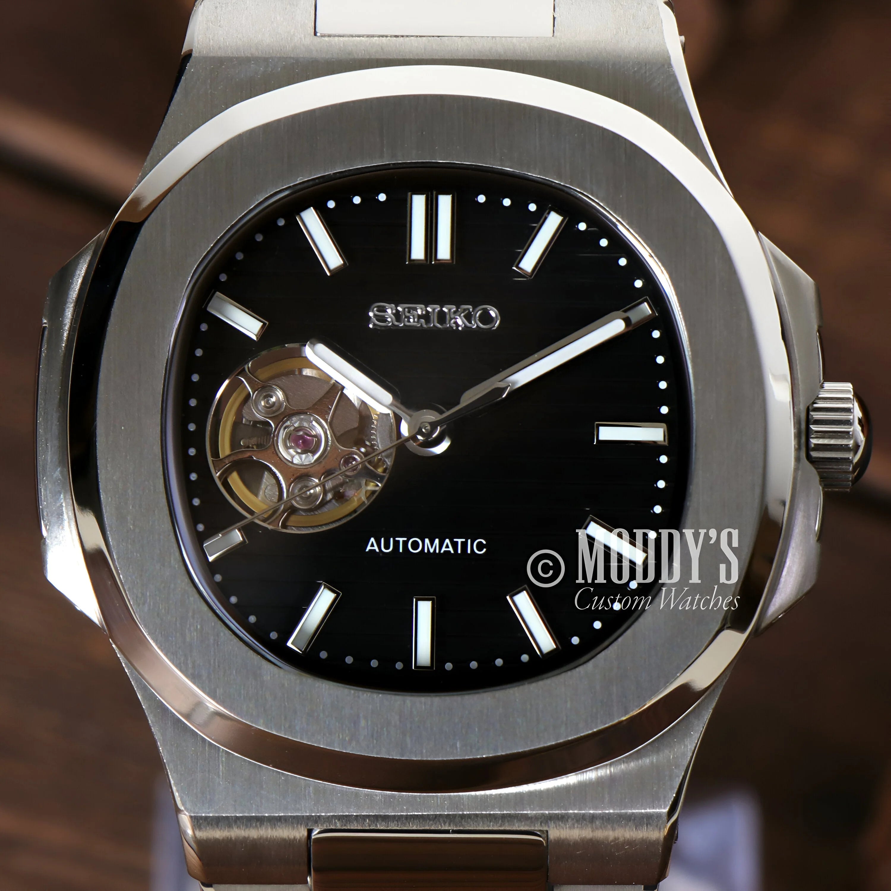 Stainless steel Nautiko Black Open Movement watch with NH38 automatic movement