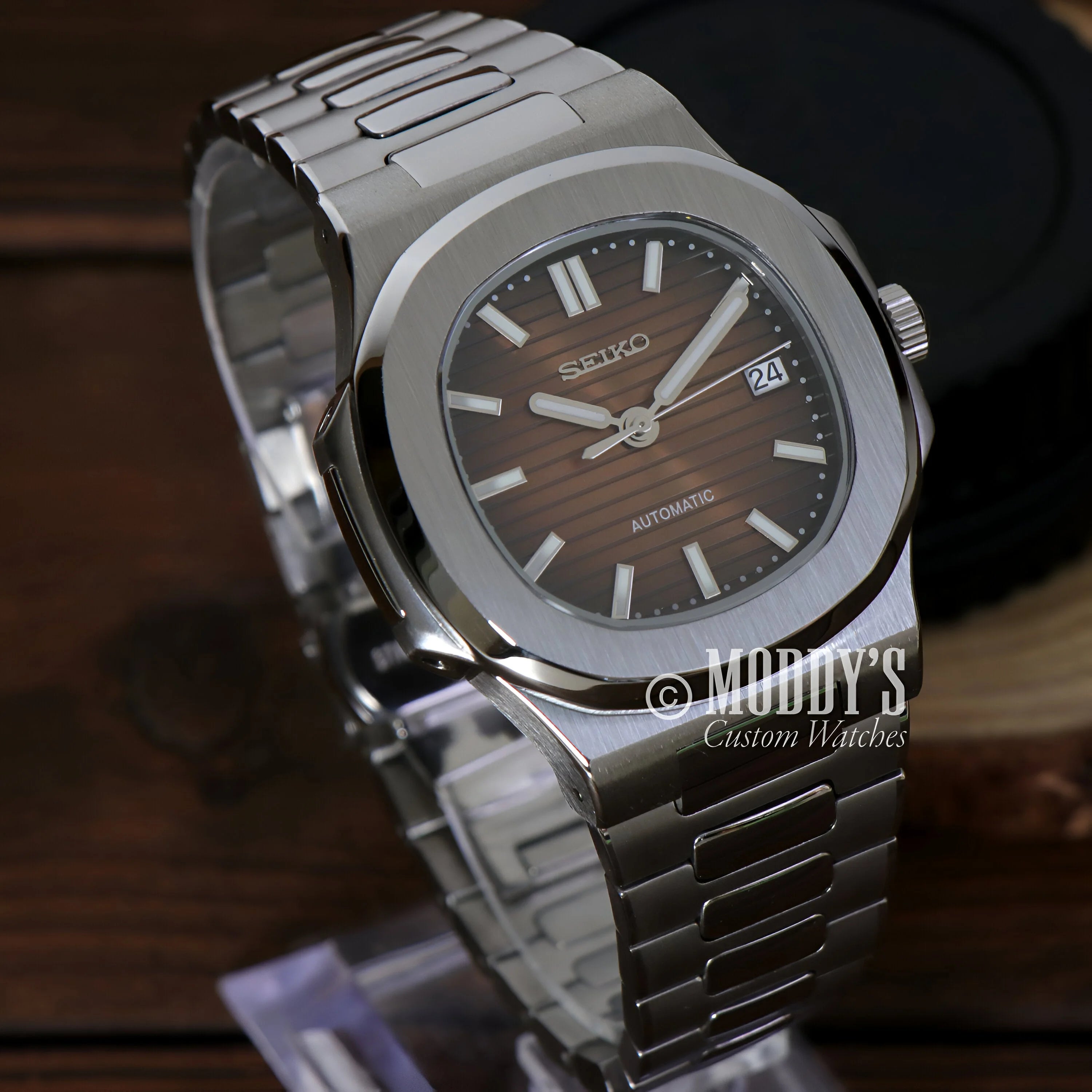 Stainless Steel Seiko Watch Nautiko Brown with Brown Dial and Date Window seiko mod