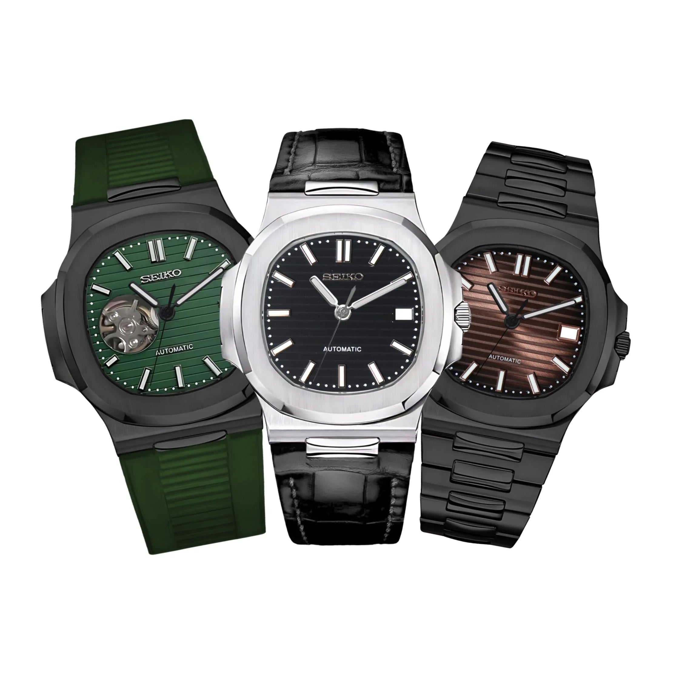 Three luxury watches with green, black, and brown dials in Nautiko Configurator