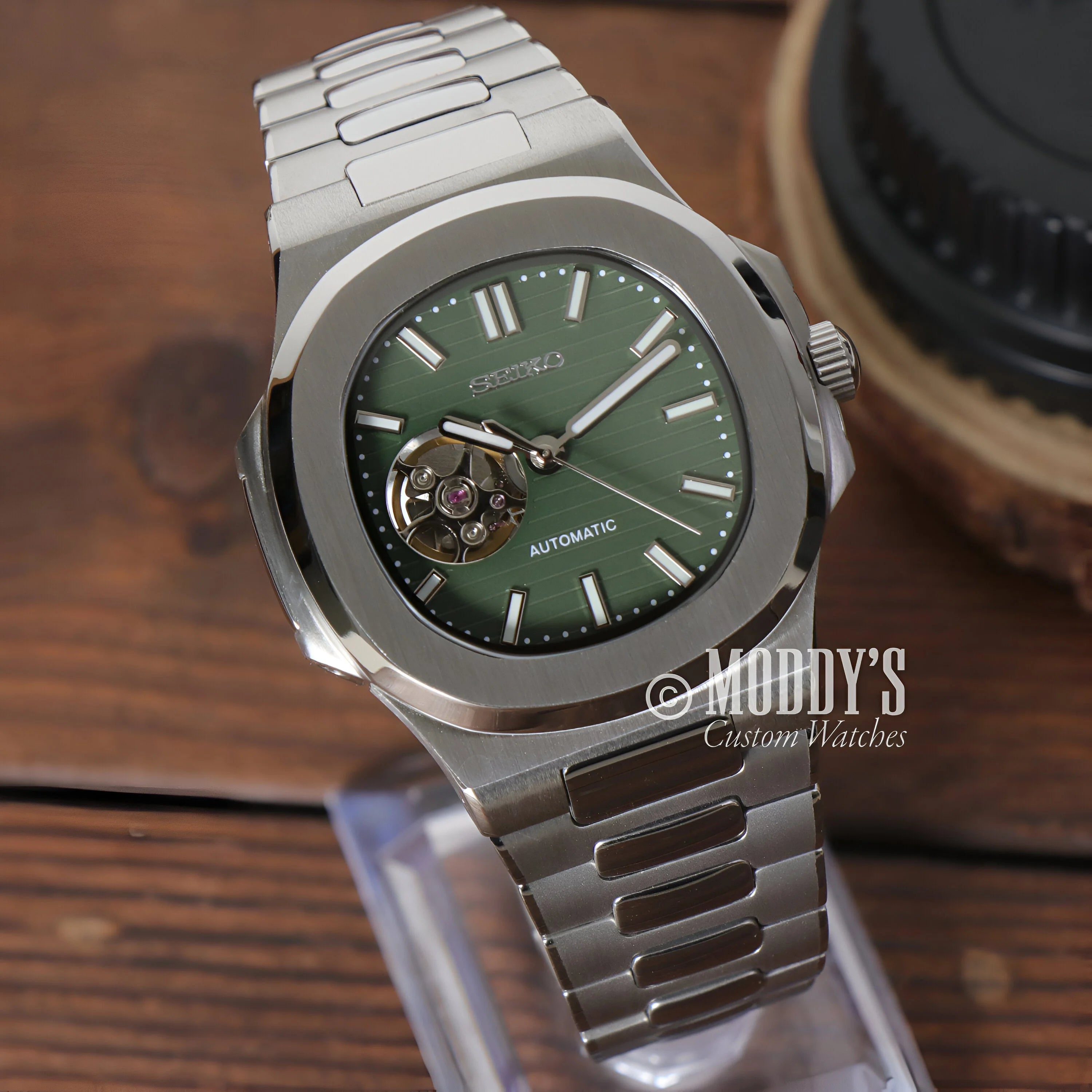 Luxury stainless steel Nautiko Olive Green Open Movement watch with tourbillon mechanism