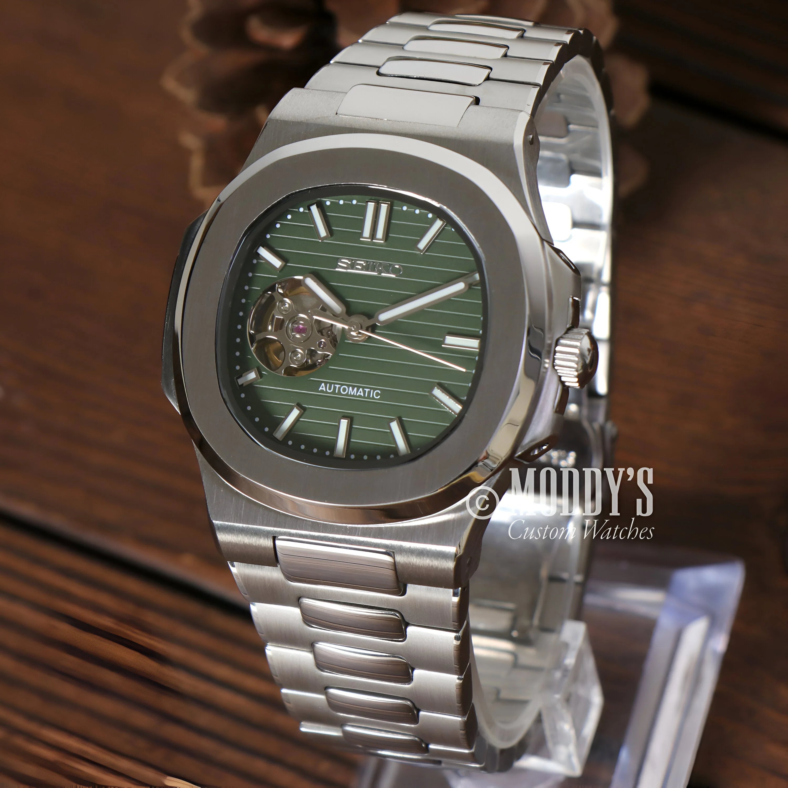 Stainless steel Nautiko Olive Green Open Movement watch with exposed movement, Seiko Mod Nautilus