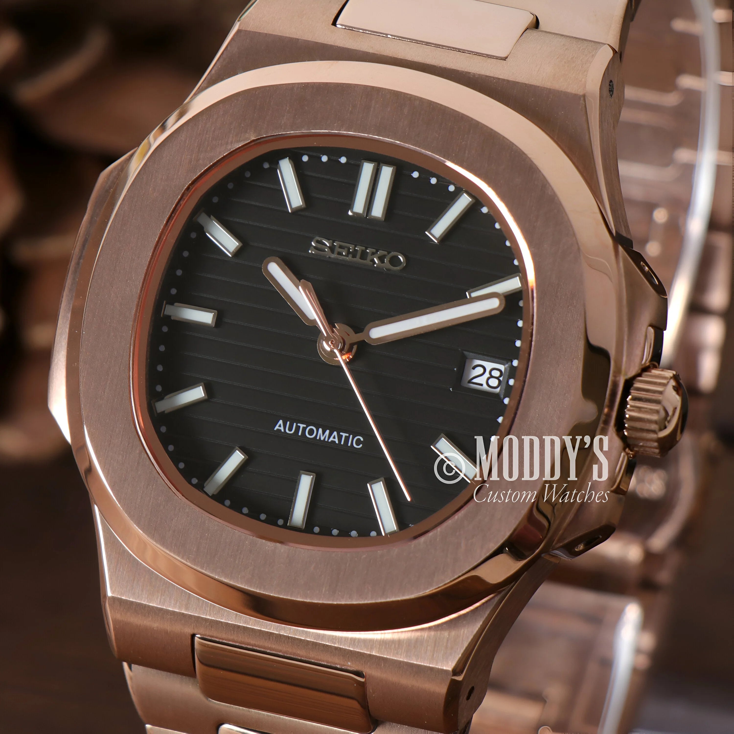 Rose Gold Seiko Mod Santos Automatic Watch with Black Dial and Date Window