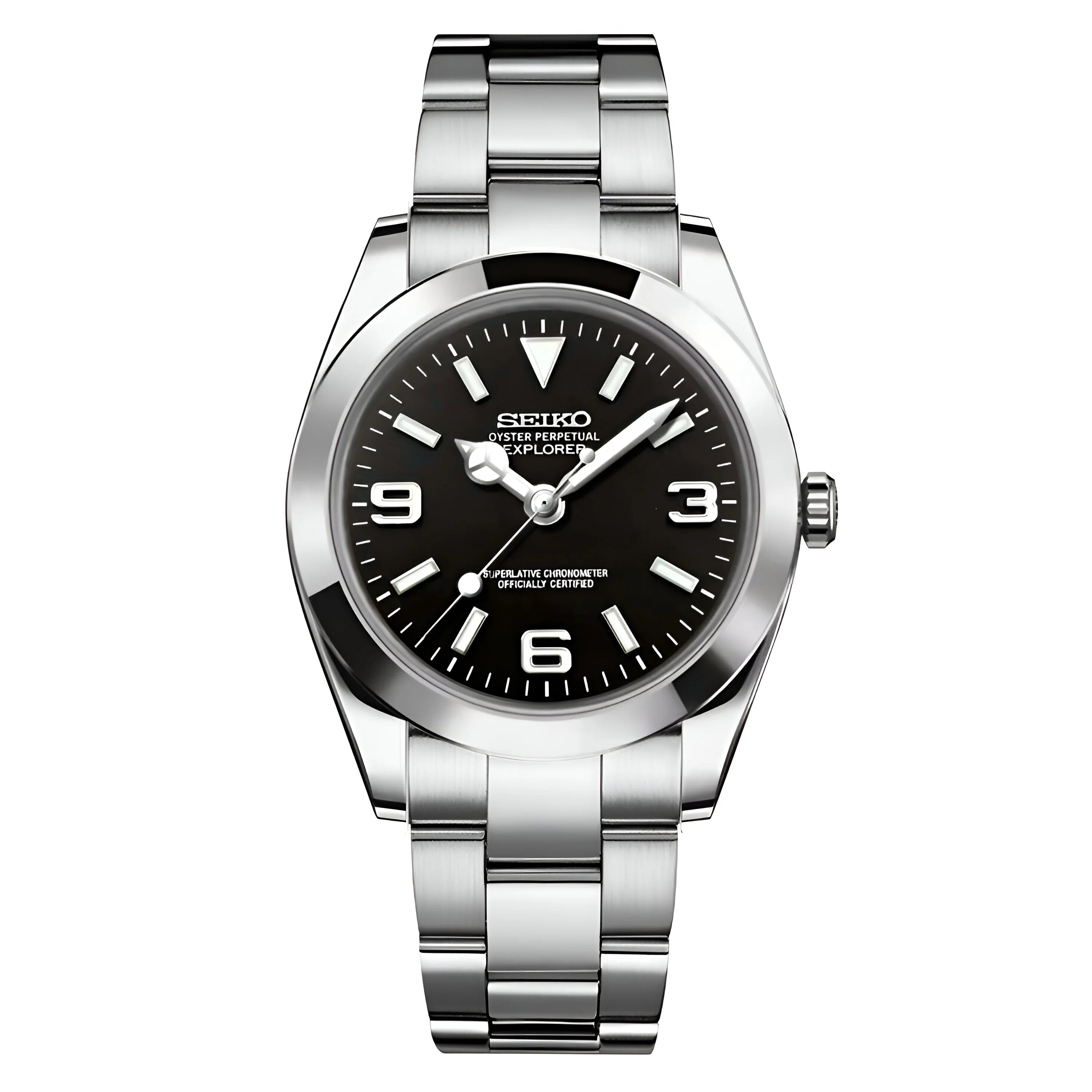 Stainless Steel Seiko Mod Oyster Black Explorer Watch with Black Dial and Arabic Numerals