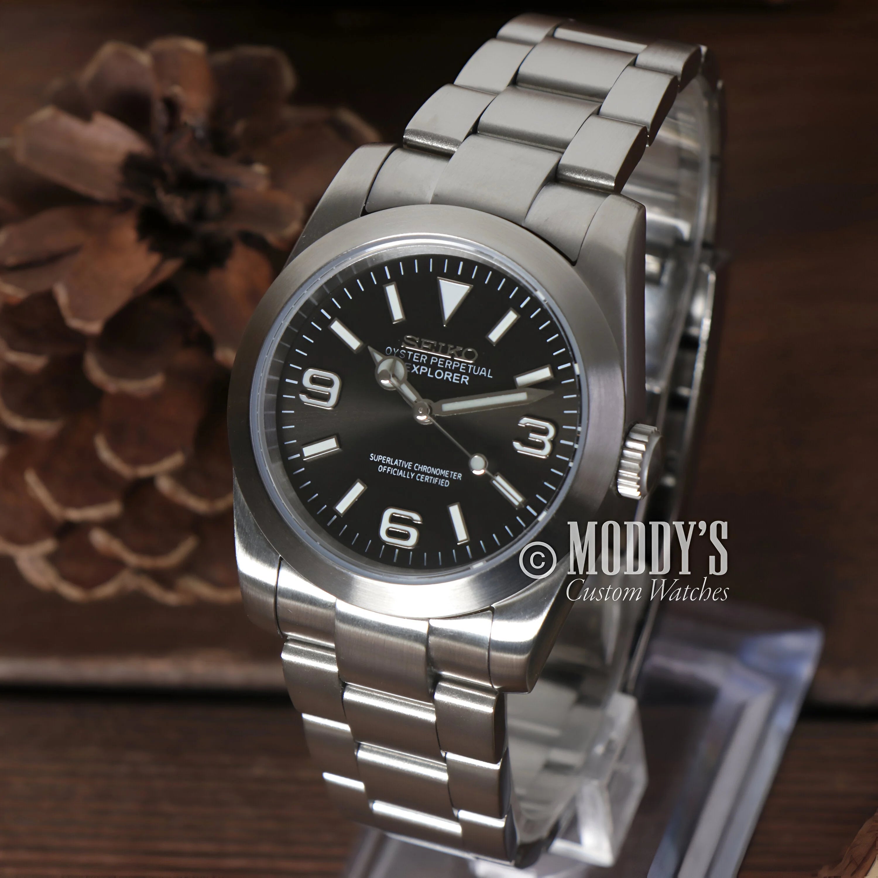 Stainless Steel Rolex Explorer with Black Dial and Arabic Numerals in Oysteiko Black Explorer