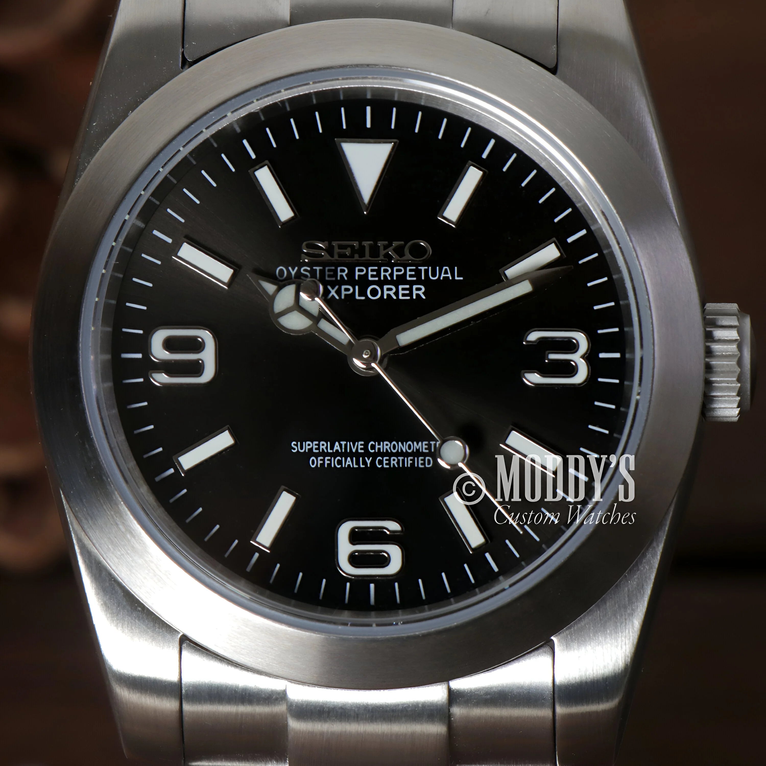 Stainless Steel Seiko Mod Oyster Black Explorer with a Black Dial and Luminous Markers