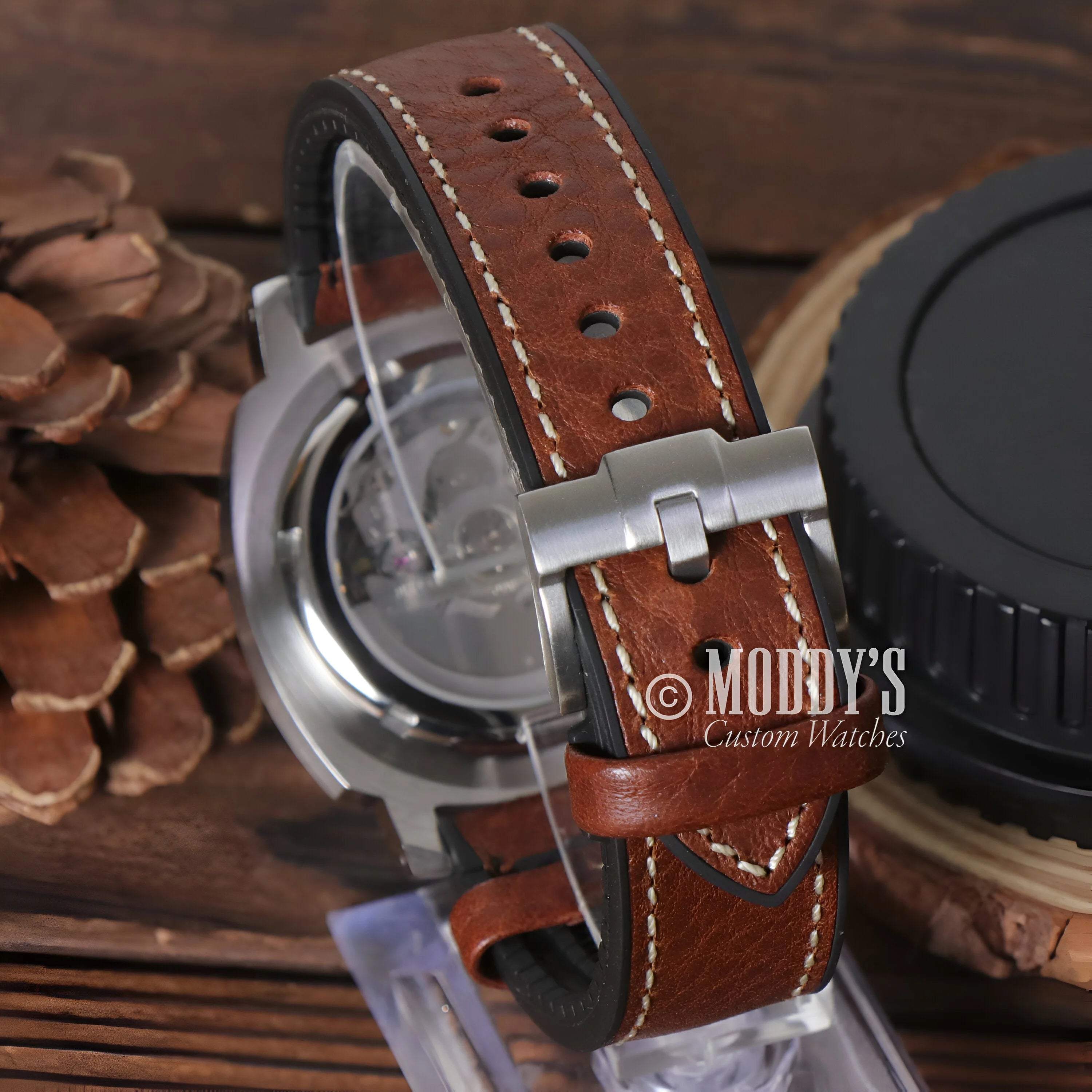 Brown leather watch strap with white stitching and silver buckle for Seiko Mod Luminor