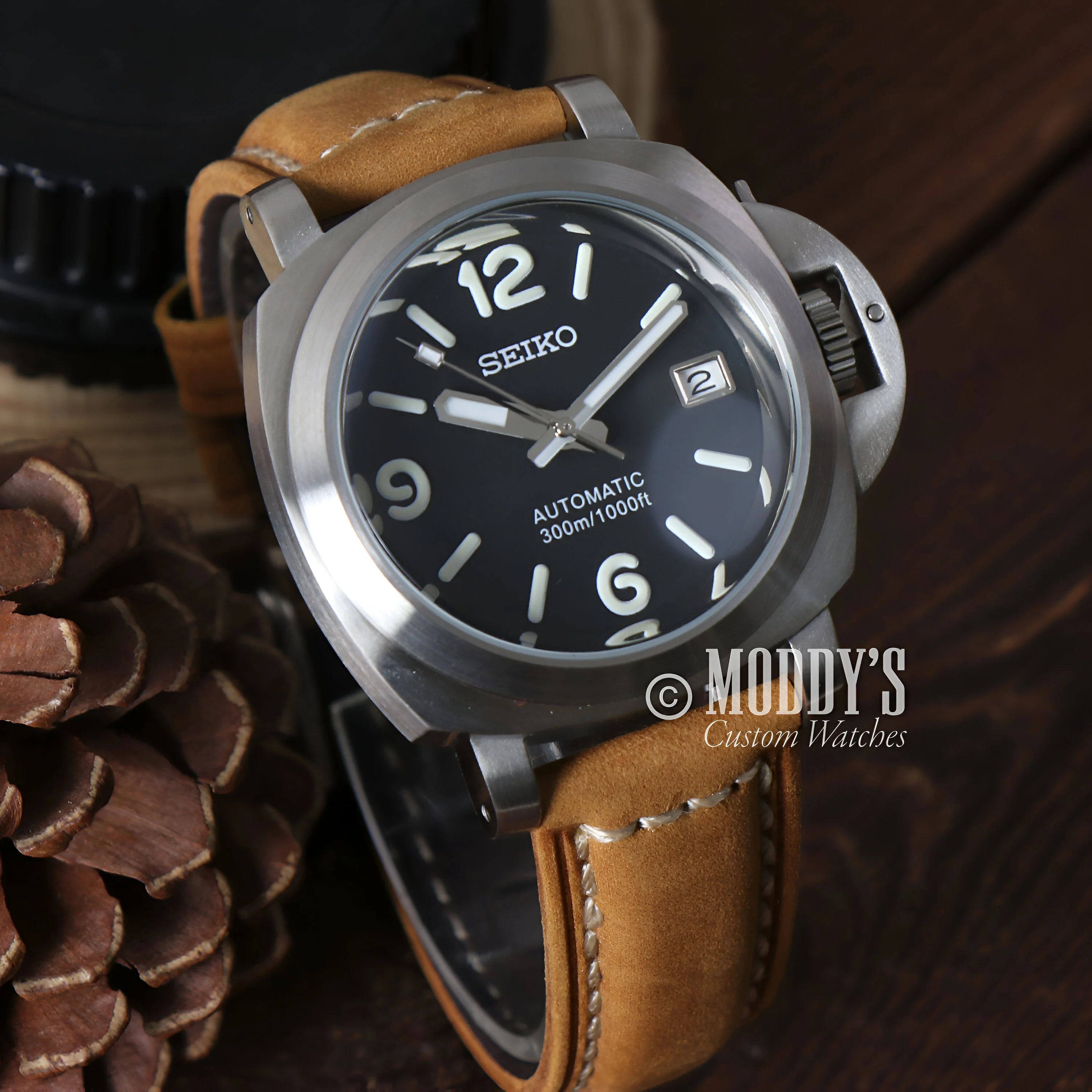 Seiko Automatic Watch with Black Dial and Brown Leather Strap - Seiko Mod Panerai