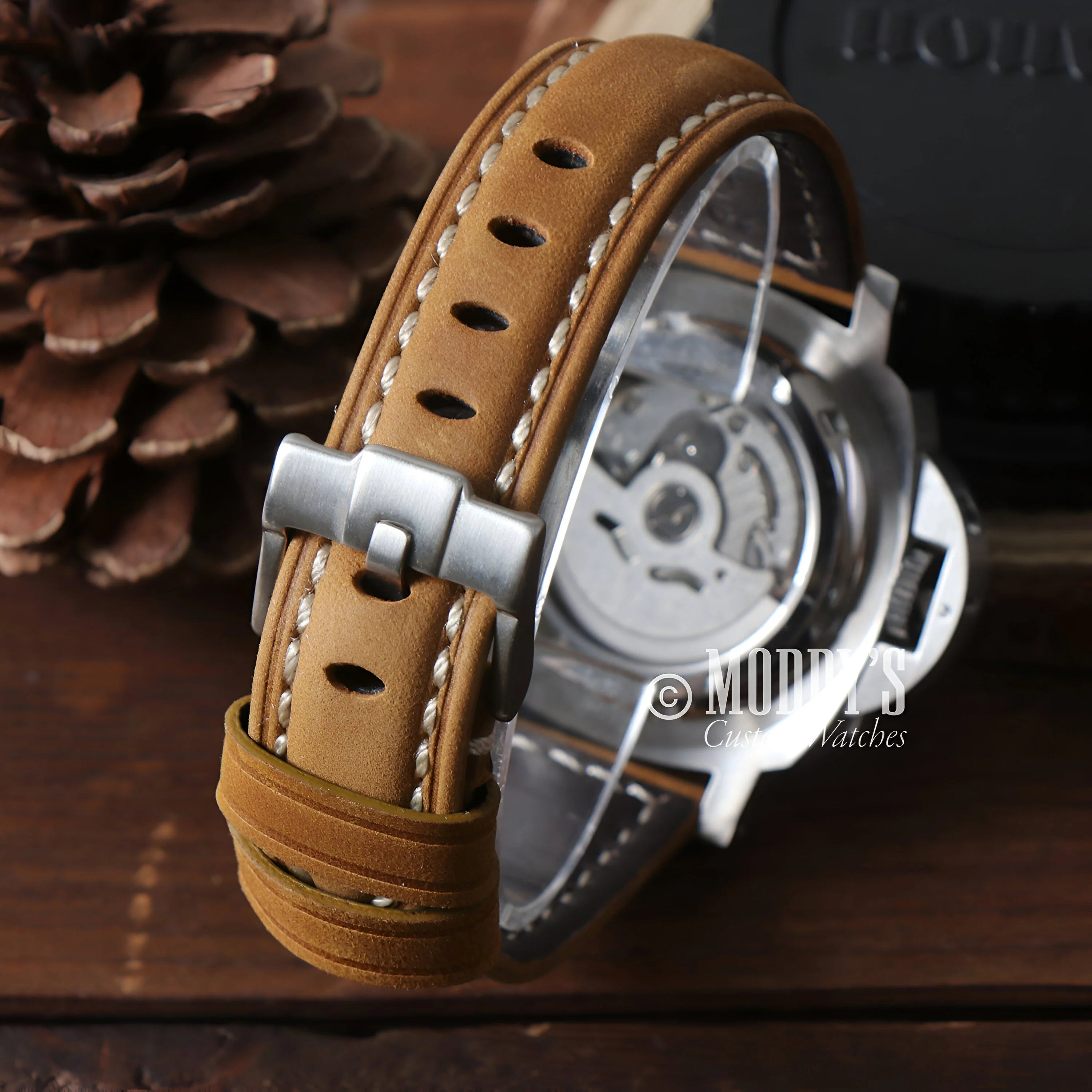 Brown leather strap with contrast stitching and silver buckle for Seiko Mod Panerai