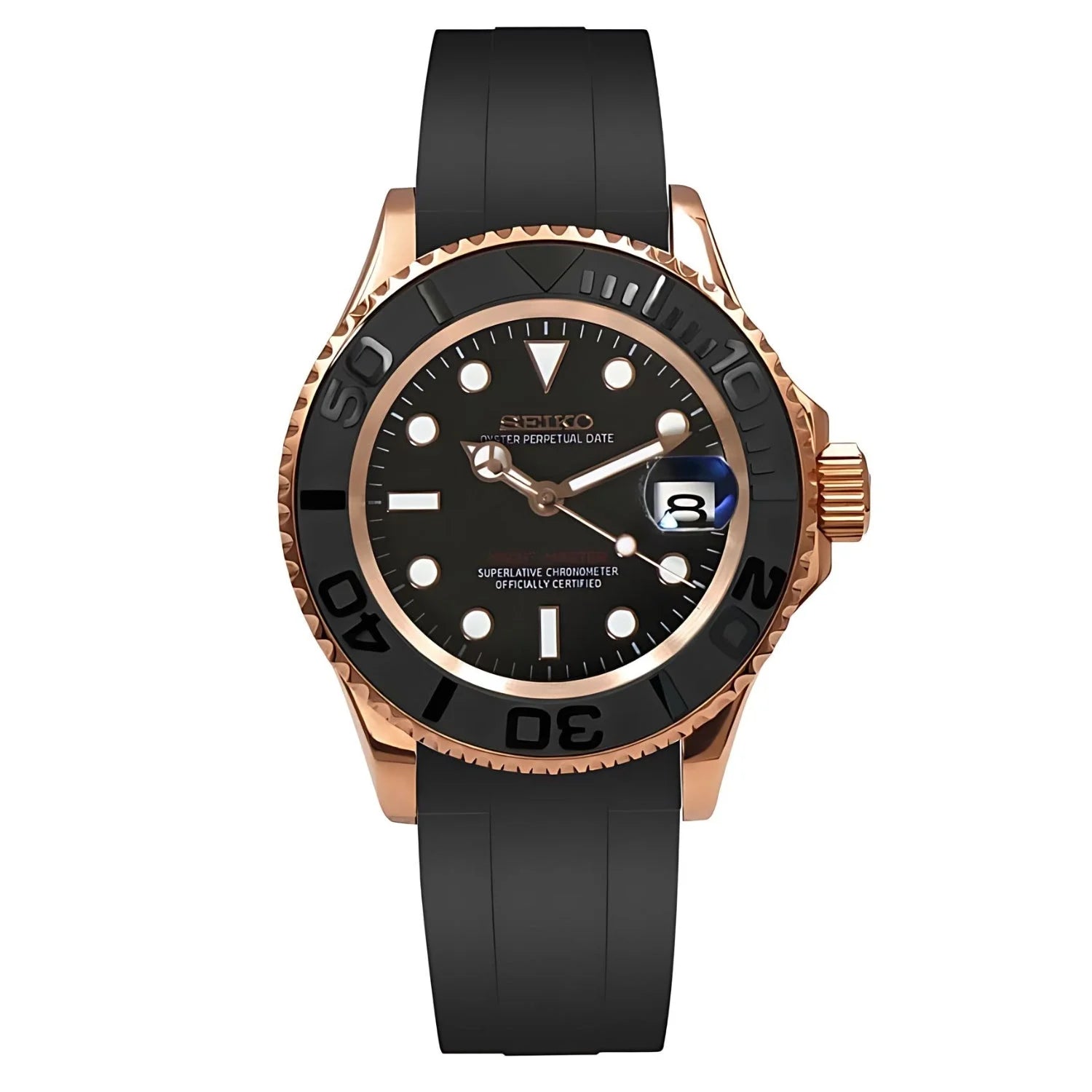 Luxury Seikomarine Rose Gold - Black wristwatch with black dial and rubber strap