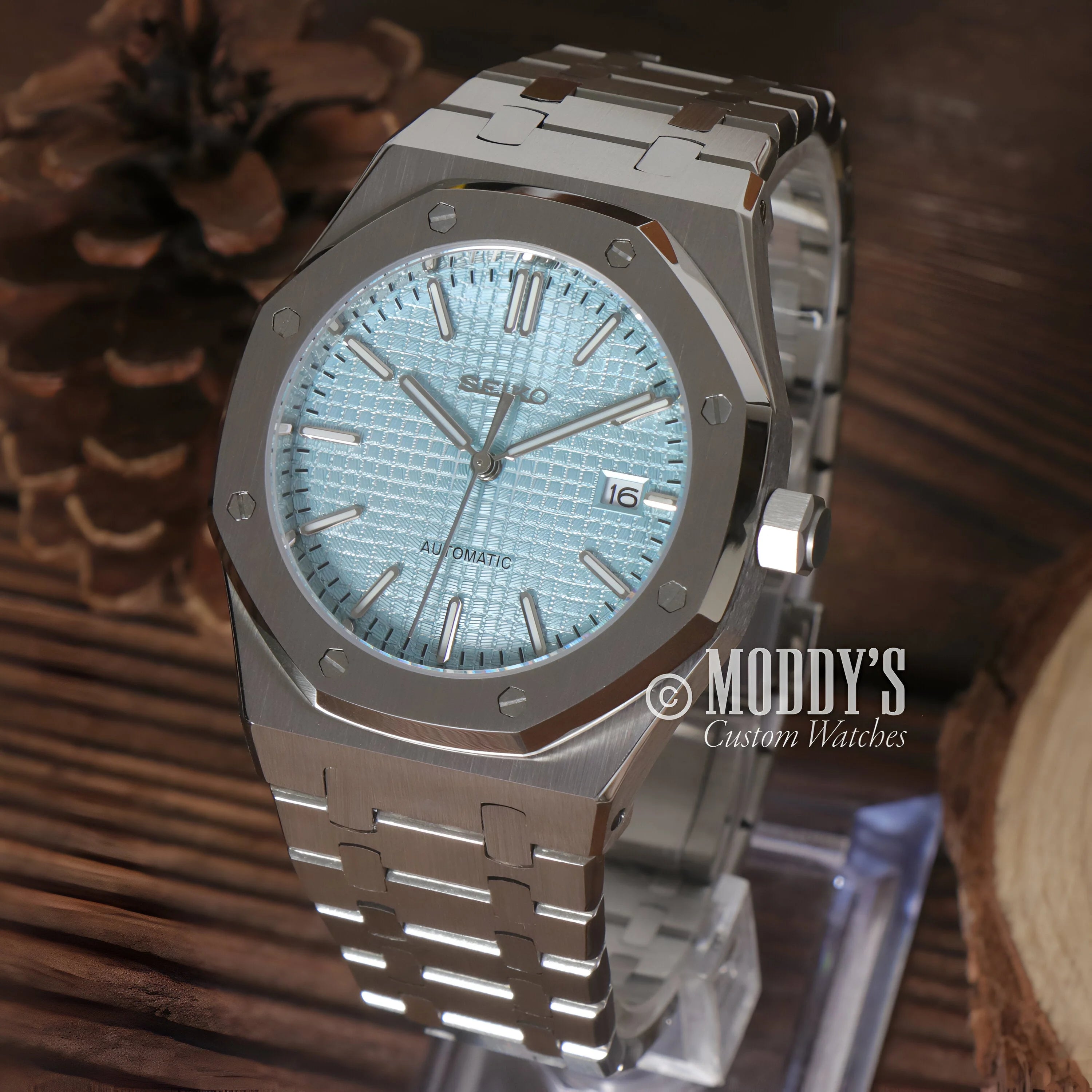 Royal Seikoak Ice Blue Mod Royal Oak Watch With Stainless Steel And Light Blue Dial