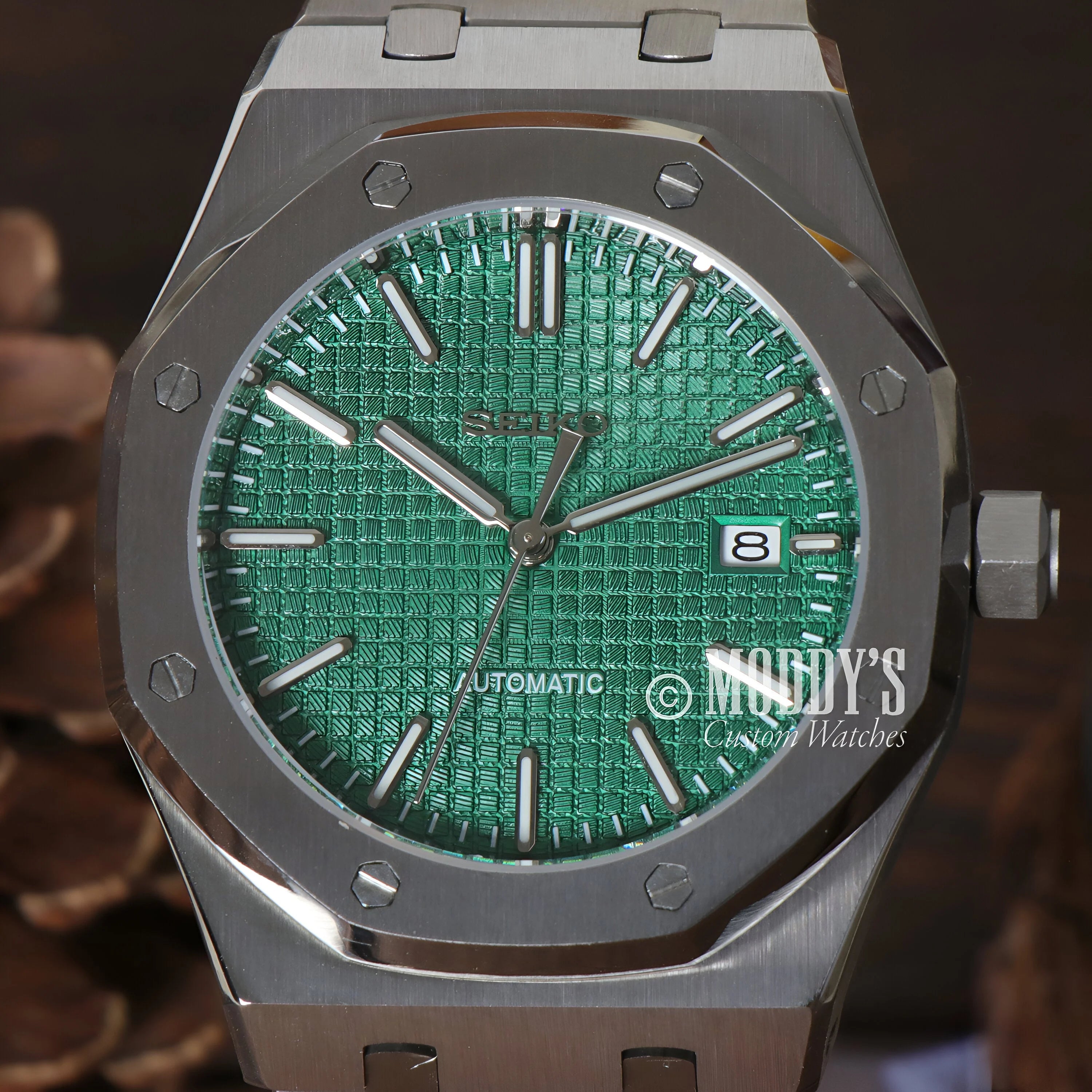 Luxury Seiko Mod Royal Oak Wristwatch With Green Textured Dial And Octagonal Case