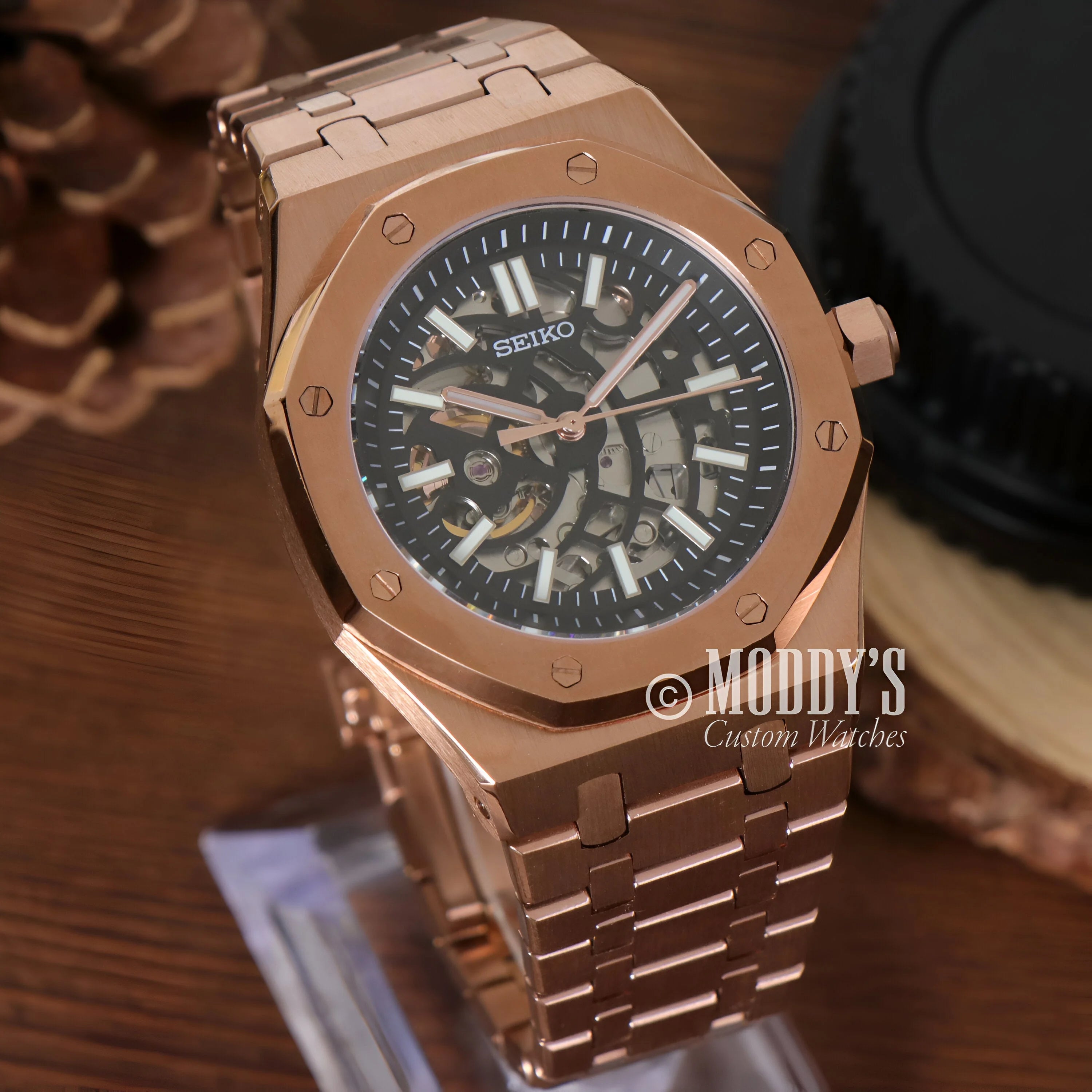 Royal Oak Seiko Mod: Rose Gold Seikoak Skeleton Dial Wristwatch With Octagonal Bezel