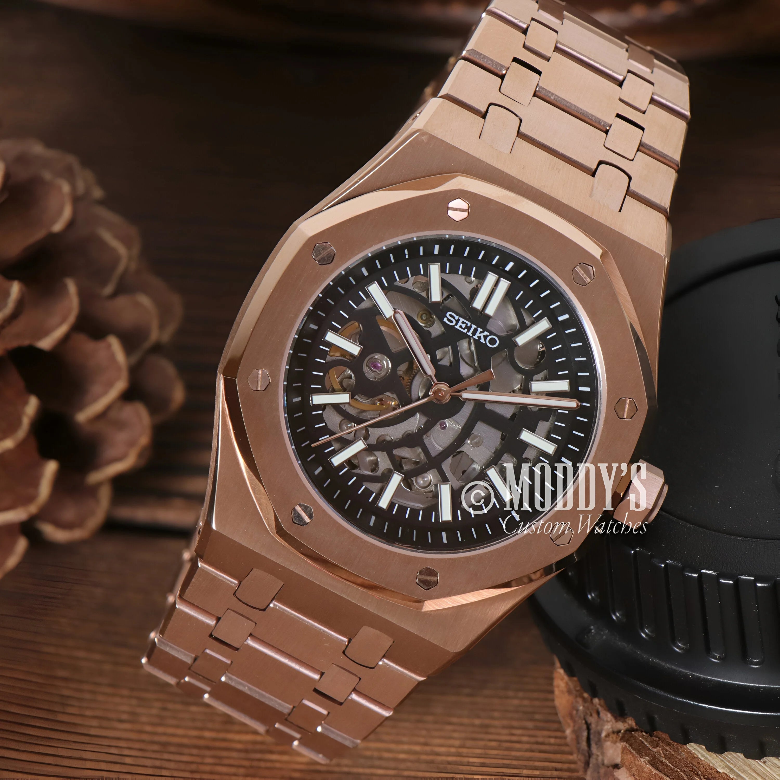 Royal Seikoak Rose Gold Skeleton Watch With Octagonal Bezel And Skeleton Dial