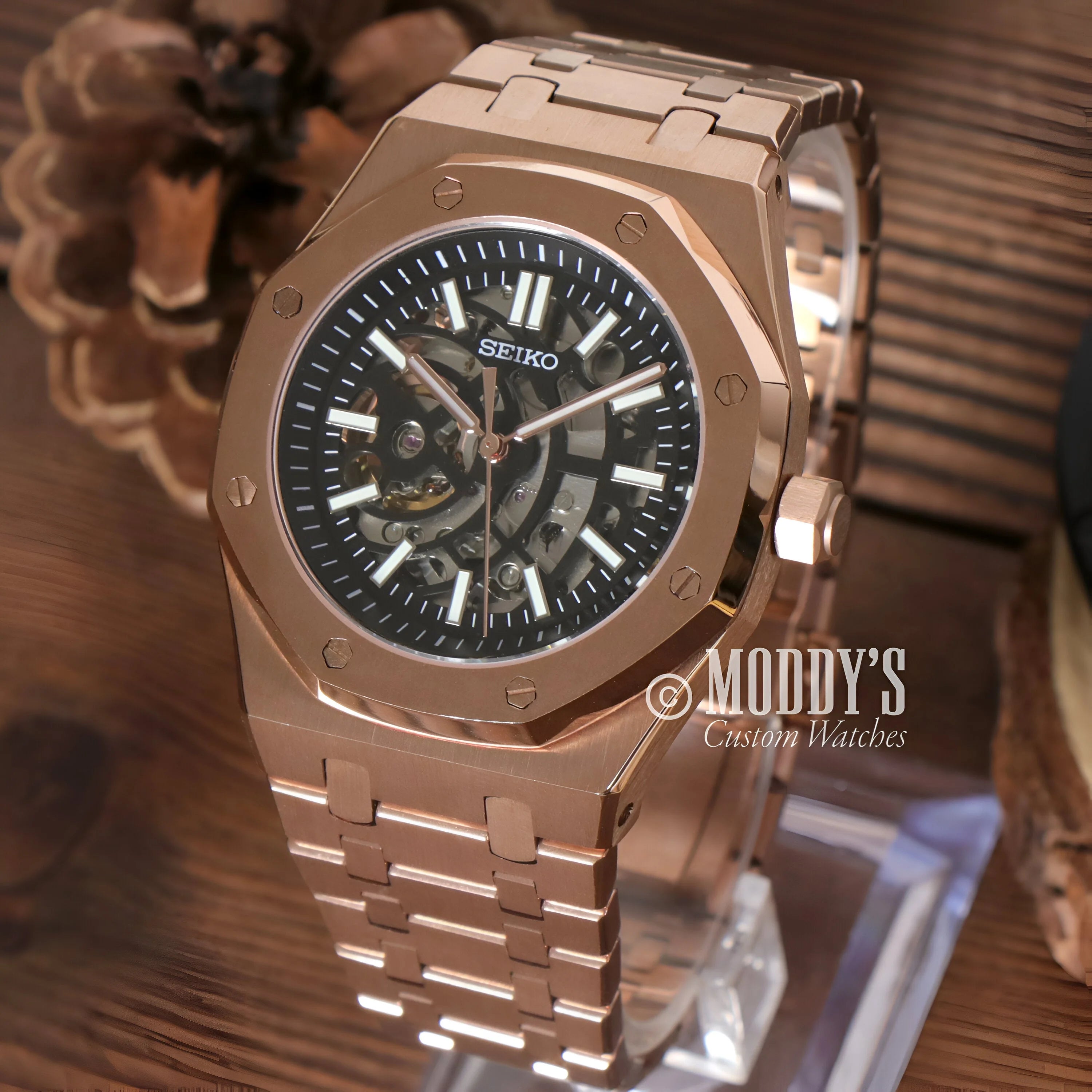 Rose Gold Seiko Royal Oak Skeleton Wristwatch With Octagonal Bezel And Skeleton Dial