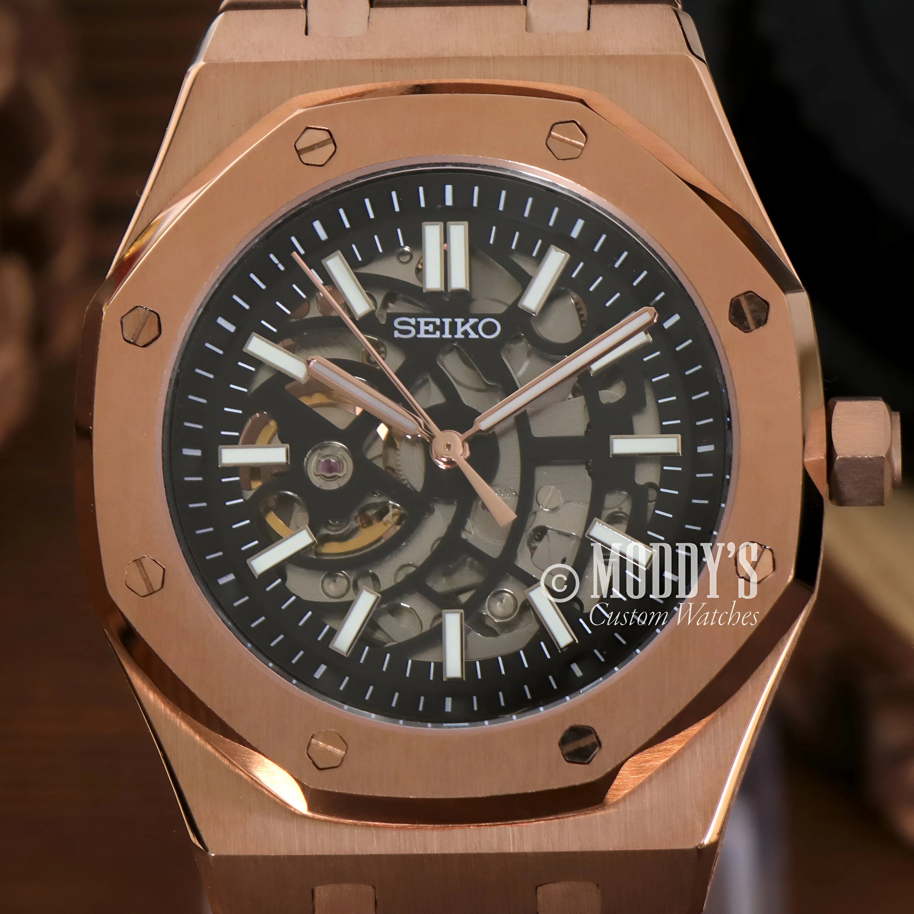 Royal Seikoak Rose Gold Skeleton Watch Showcasing a Skeletonized Dial & Octagonal Bezel