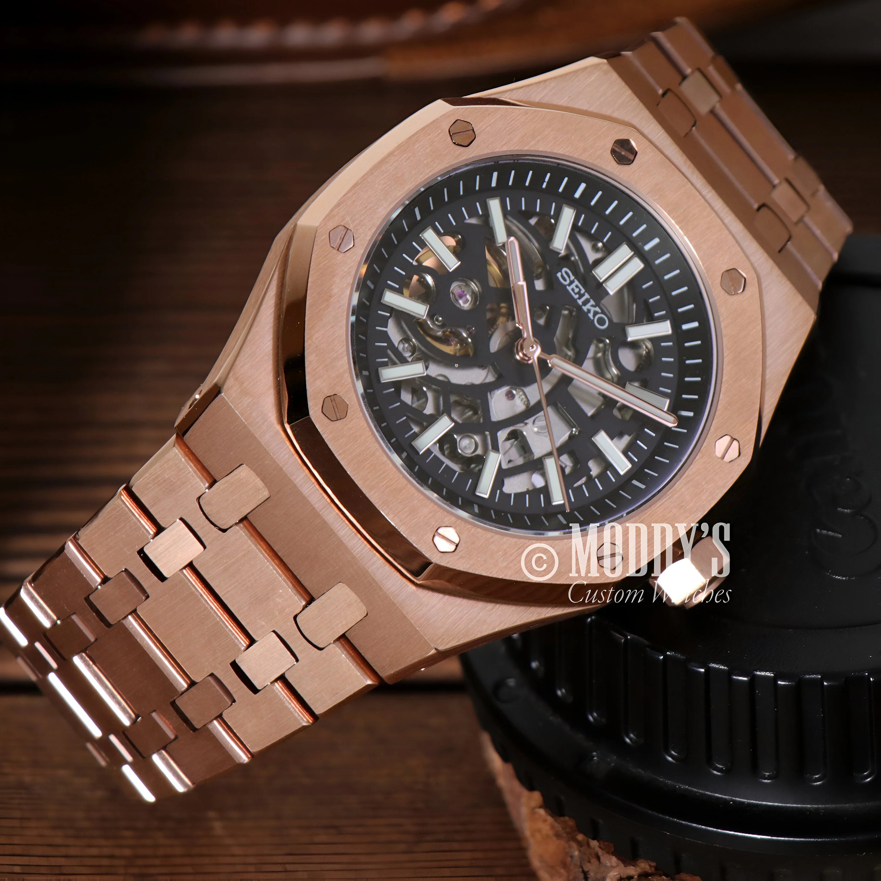 Royal Seikoak Rose Gold Skeleton: Luxurious Rose Gold Wristwatch With Octagonal Bezel