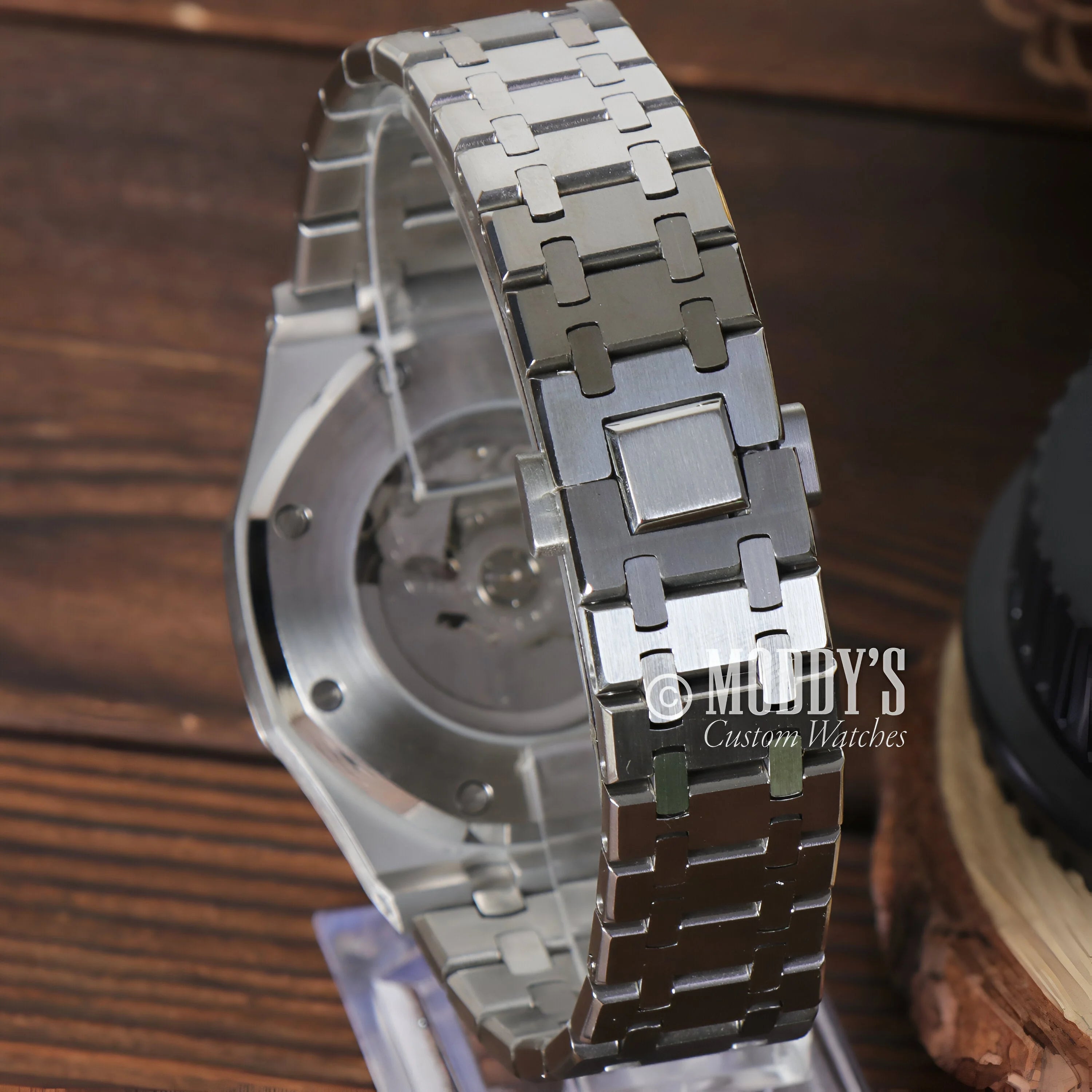 Silver Metal Wristwatch With Chunky Linked Bracelet Band; Royal Seikoak Green Mod Royal Oak