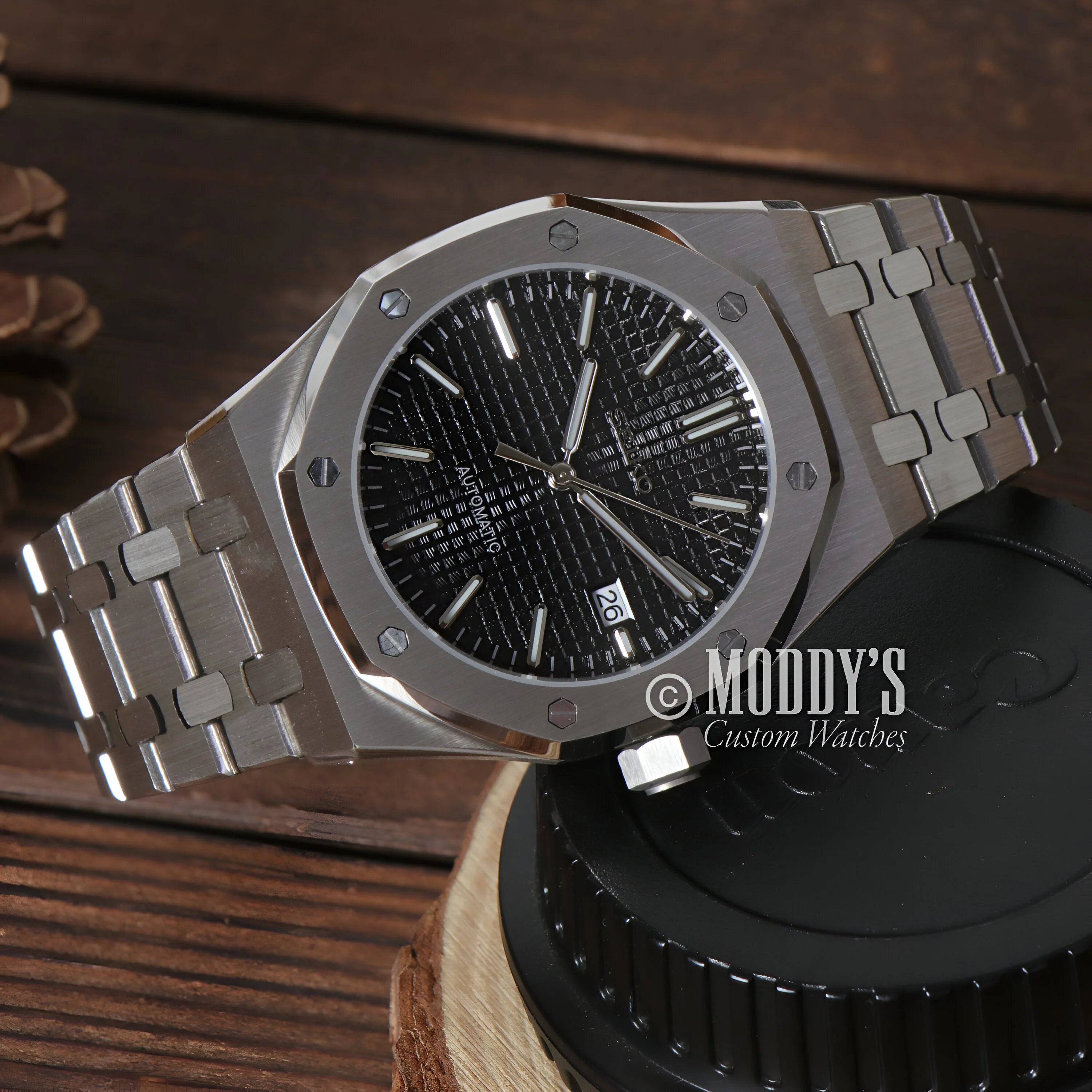 Stainless steel Royal Oak watch with black dial and octagonal bezel in Royal Seikoak Black